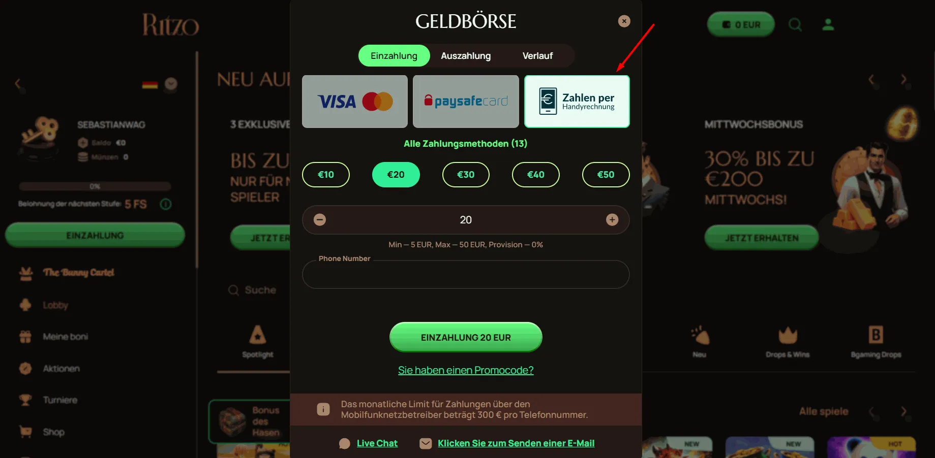 Ritzo Casino mit Handyrechnung