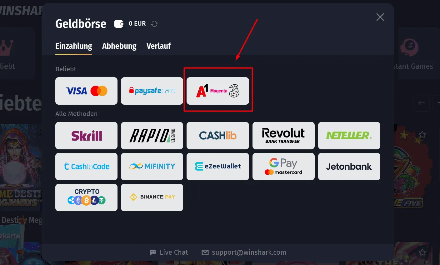 Winshark Casino mit Handyrechnung